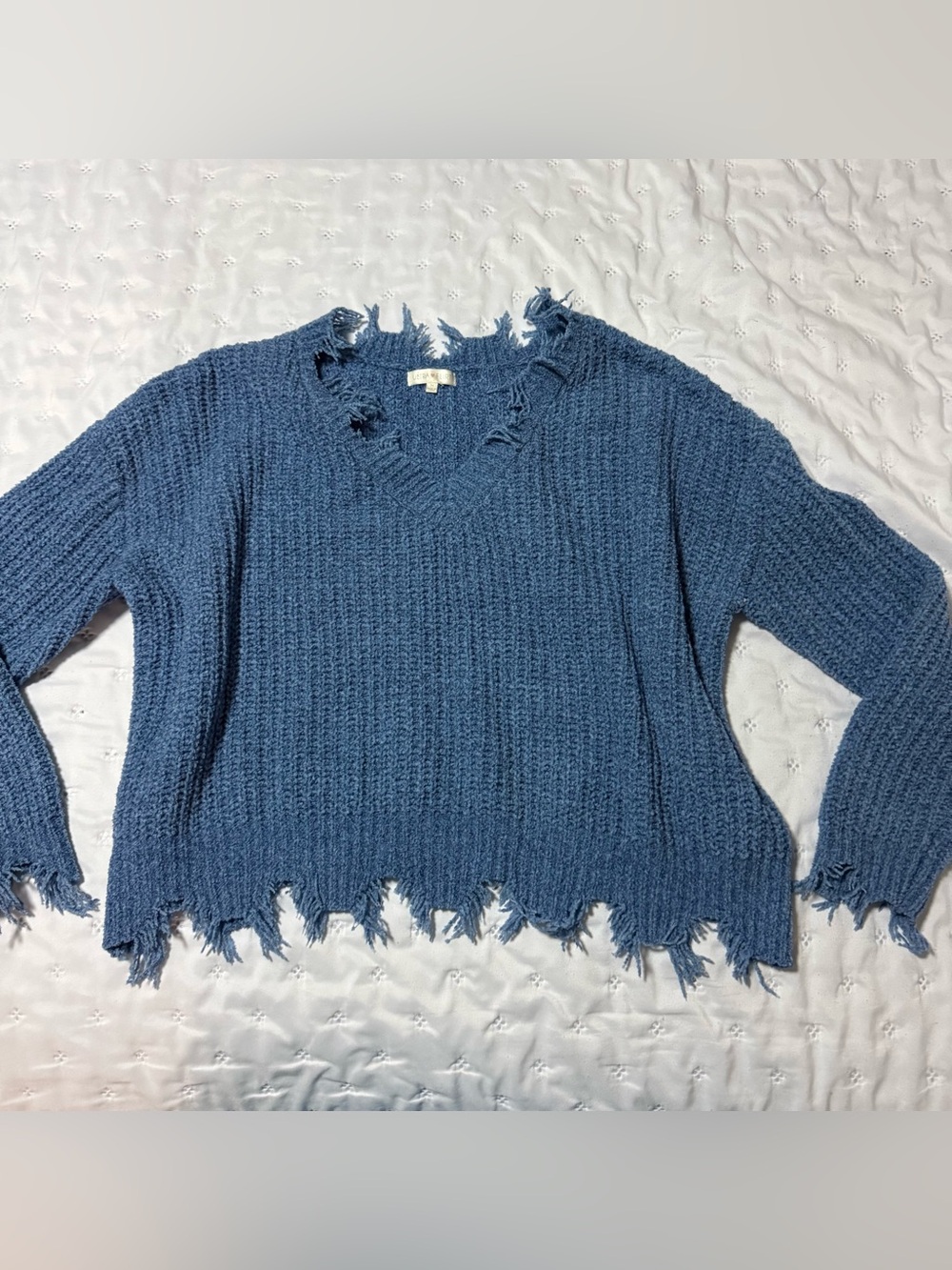 Ultra Flirt Frayed V-Neck Sweater in Dusty Blue